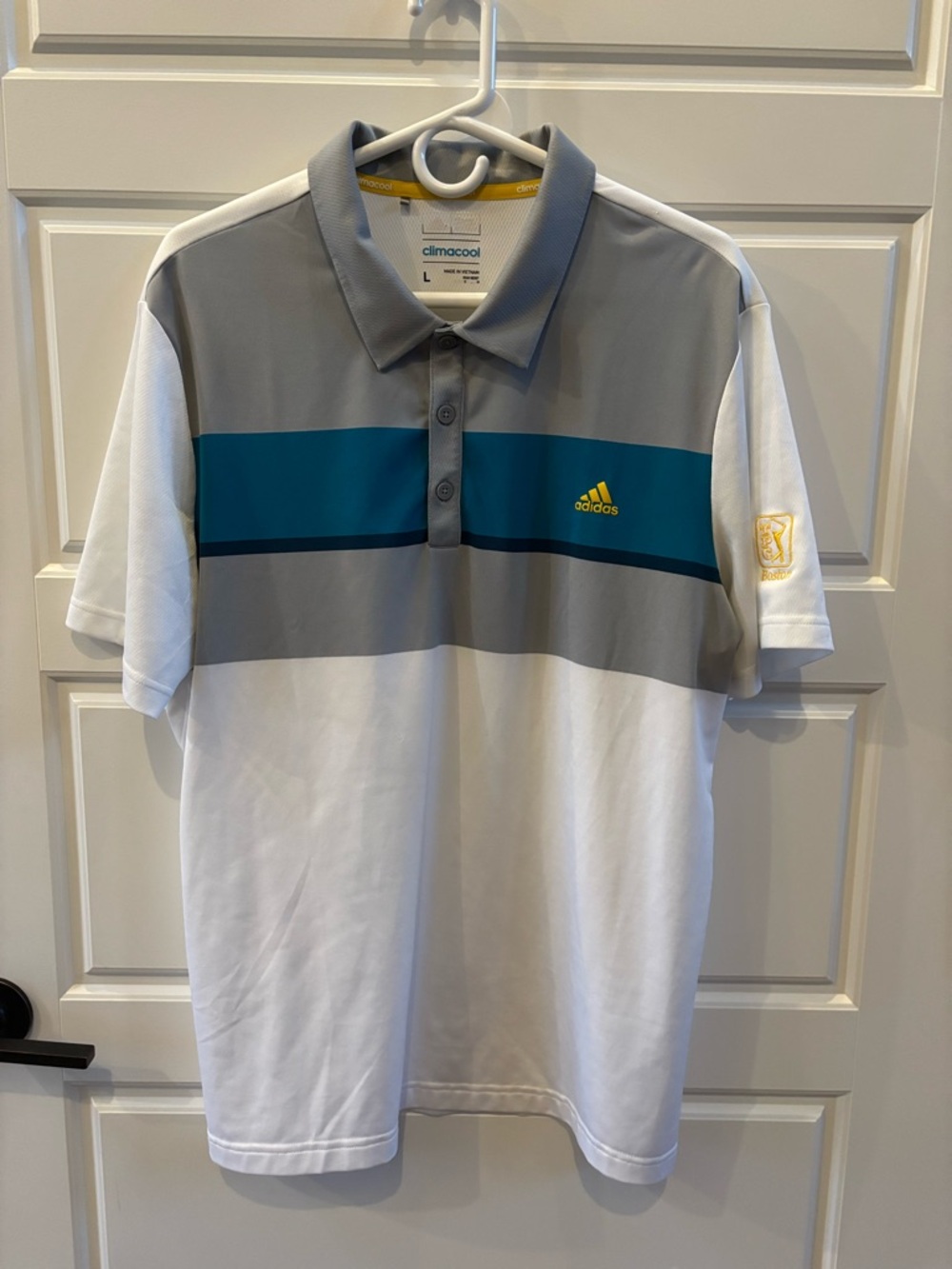 Adidas ClimaCool Golf Polo Shirt Large Gray White Blue Boston TPC Performance